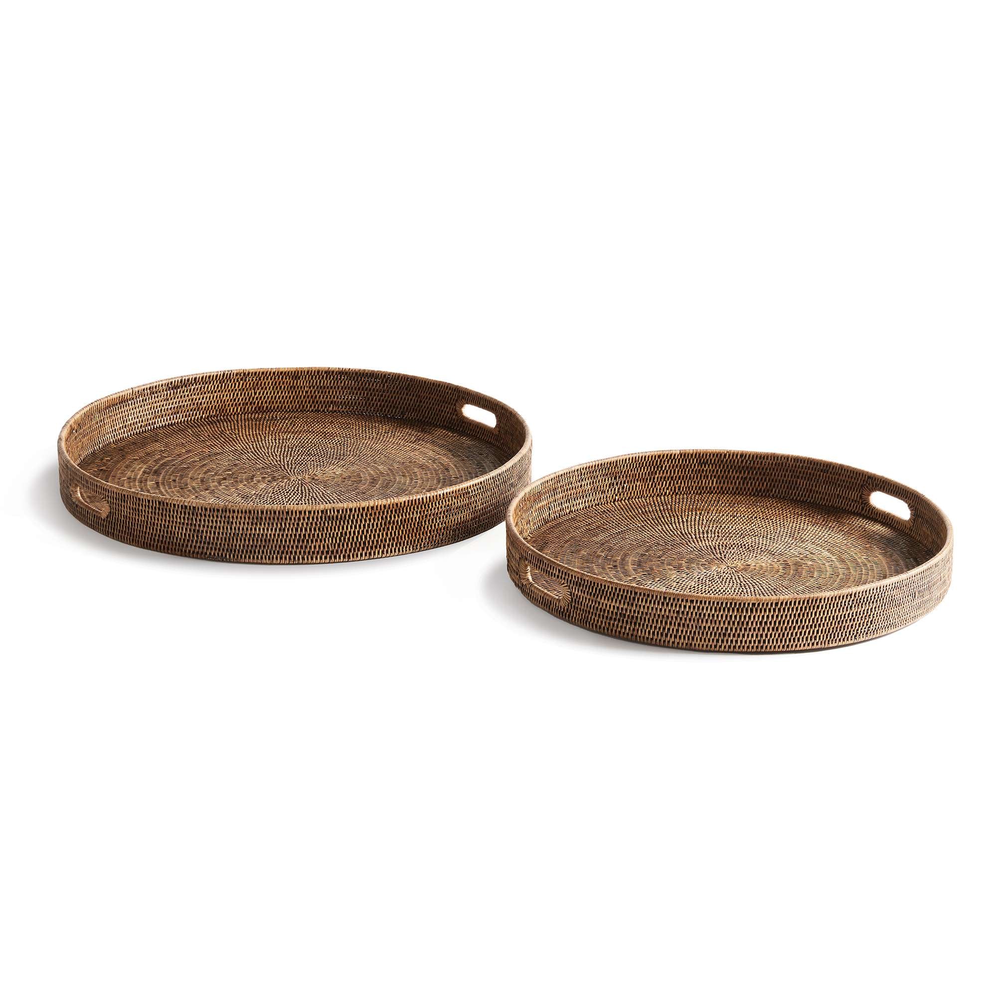 BURMA RATTAN ROUND OTTOMAN TRAYS LARGE, SET OF 2