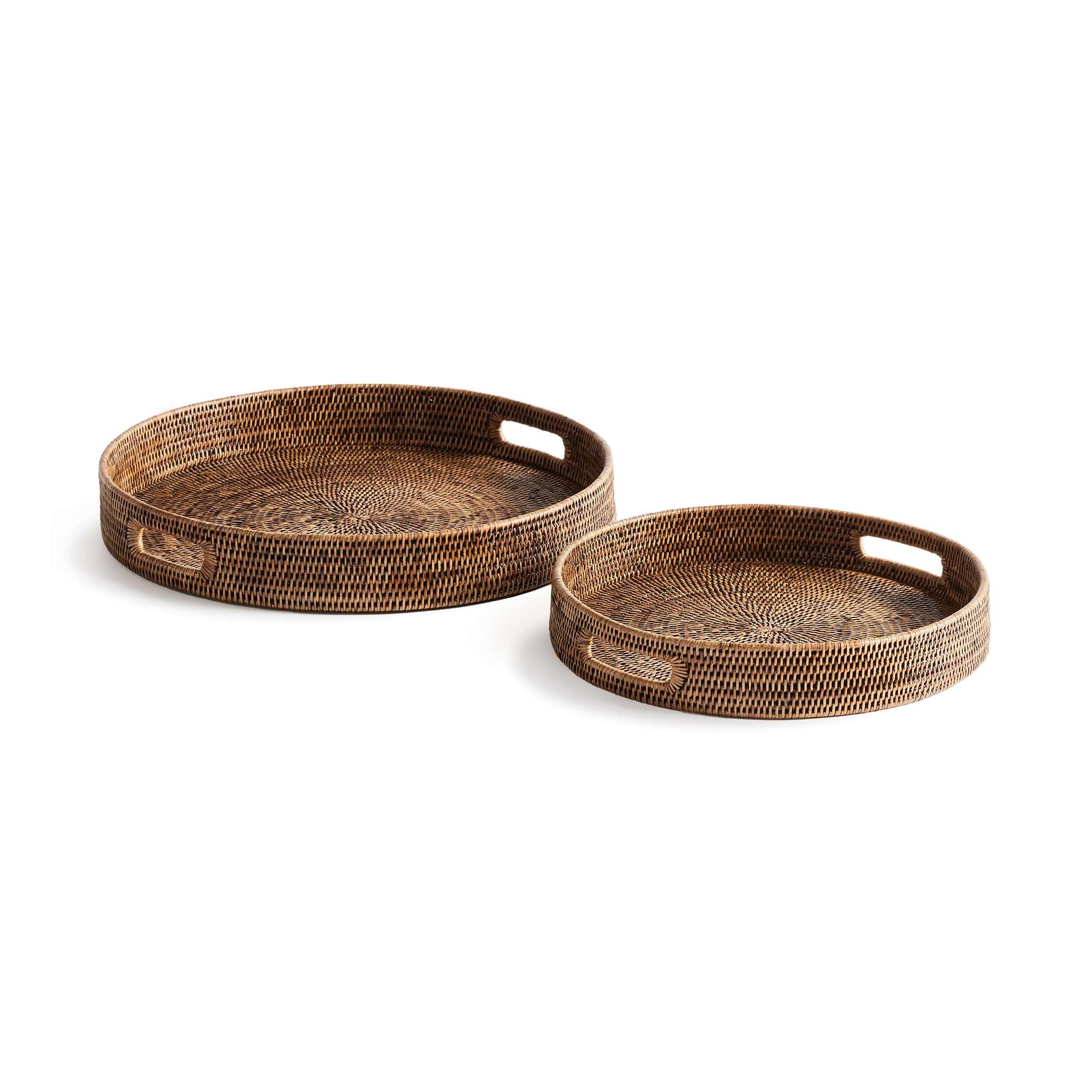 BURMA RATTAN ROUND OTTOMAN TRAYS SMALL, SET OF 2